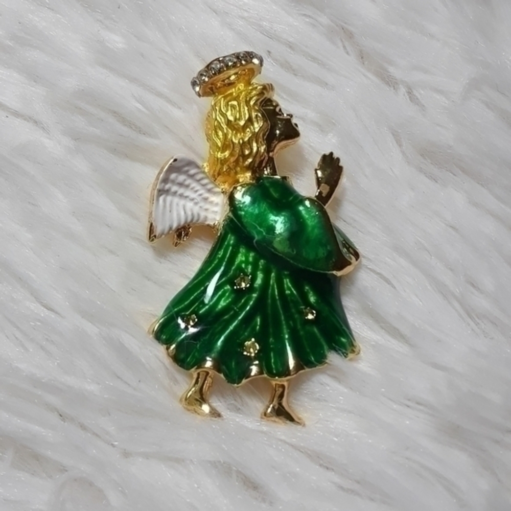 Jeweled Robe & Halo Winged Angel Brooch Pin